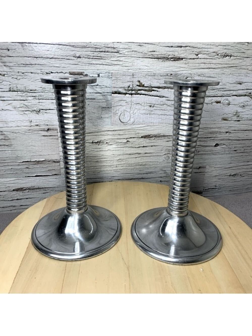 vintage Chrome Art Deco Inspired Tall Candlestick Holder Set Swirled Leg Stand